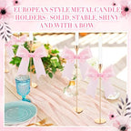 Mumufy 3 Pcs Gold Taper Candle Holder with Pink Christmas Bow Coquette Room Decor Candle Sticks Holder Fits LED Candles, Table Centerpiece Decor for Christmas Wedding Party