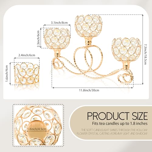 Gold 3 Arm Metal Crystal Tea Light Candle Holder, Elegant Wedding Table Centerpiece Candleholder, Christmas Wishing Crystal Bowl Candle Holder Suitable for Wedding Party Living Room Decoration - color: Gold, size: Set of 1