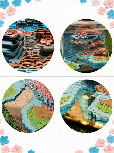 3D Creative Time Piece Calendar 2026 Desk Weekly Calendar Decoration with LED Light and Acrylic Case, Paper Sculpture Non-stick Notes, Paper Carving Art Craft Memo Pad (Flower Mountain) - color: Flower Mountain with LED lighting