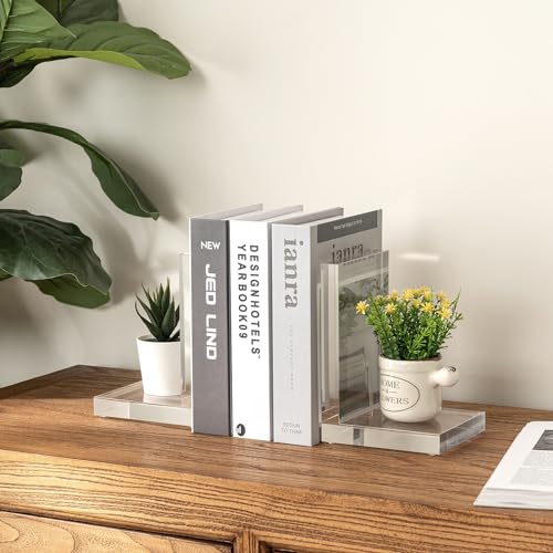 MyGift L-Shaped Decorative Bookends, Transparent Heavy Duty Non-Skid Book Ends Stopper for Shelves Home Office School, 1 Pair, Premium Hotel Style Clear Thick Acrylic