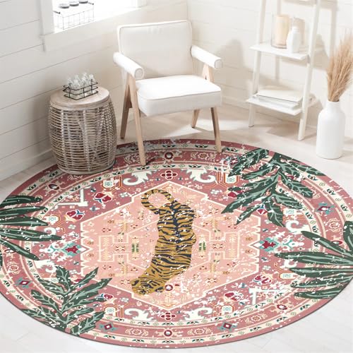 Washable Pink Rugs Thin Oriental Boho Vintage Cute Tropical Leopard 4ft Round Area Rugs for Bedroom Kitchen Dining Living Room Office Indoor Entryway Distressed Nursery Circle Carpet - color: Pink, size: 4' Round