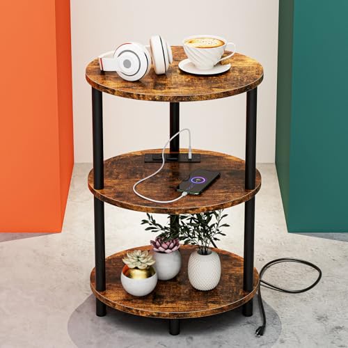 Small Round Side Table - 3-Tier Oval Accent Table for Small Spaces, Rustic Wood and Metal Nightstand for Living Room or Bedroom, with Built-in USB Ports and Power Outlet, Rustic Brown - color: Rustic Brown, size: 1-Pack, style: Includes Power Outlets