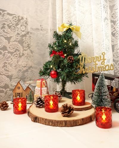 Homemory 2" x 2" Acrylic Votive Candle Holders with Auto Timer Flameless Led Tealight, Battery Powered Fake Electric Candles for Wedding Centerpiece, Table, Christmas Decor (12Pack, Red Base) - color: Red, size: 12 Pack