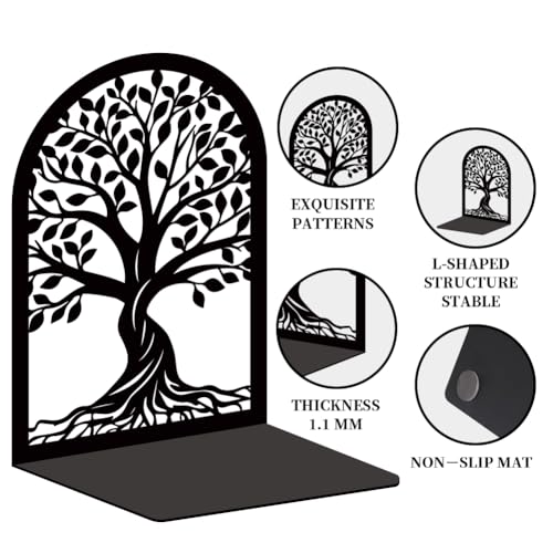 Tree of Life Book Shelf Decorative Bookends for Shelves, Book Ends for Heavy Books, Black Trees Metal Bookends for Desk Organizer, Office Library Decor Decorative Books for Home Decor - style: Tree