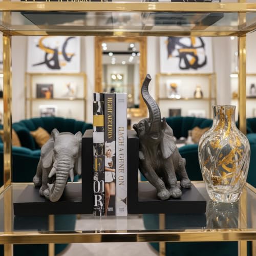 Comfy Hour 12" Gray and Black Elephant Figurine Style Bookends, Rustic Antique Vintage Elephant Statue Home Decor, Heavy Duty Animal Book Stoppers Duo, 1 Pair