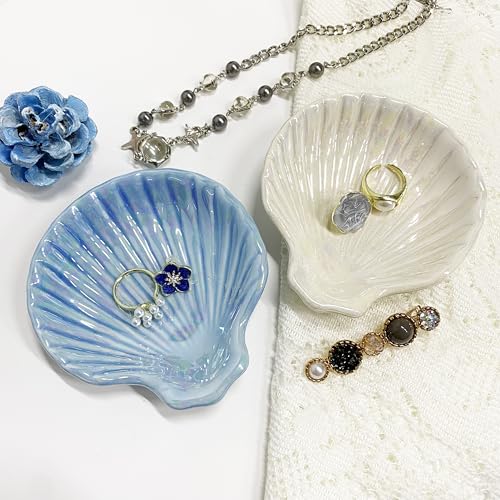 Shell Jewelry Dish Tray for Women, Ceramic Seashell Jewelry Ring Holder Dish, Jewelry Plate Trinket Dish for Necklace, Earring, Ring, Mother's Day Christmas Gift, 3.9", Sky Blue Iridescent Surface - color: Sky Blue