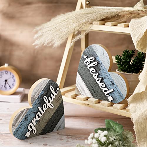 Jetec 2 Pcs Rustic Wooden Heart Table Decor, Daisy Farmhouse Home Decor, Bless This Home & Be Kind Sign for Living Room, Dining Room, Shelf & Mantel, Ideal Housewarming & Birthday Gift(Grateful Style) - style: Grateful Style