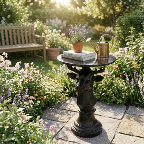Deer Side Table for Living Room - 20" Faux Marble Top Accent End Table with Hand-Carved Resin Deer Statue Base - Modern Round Bedside Table for Bedroom, Patio, Entryway,Gift - Tool-Free Setup - color: Black Deer