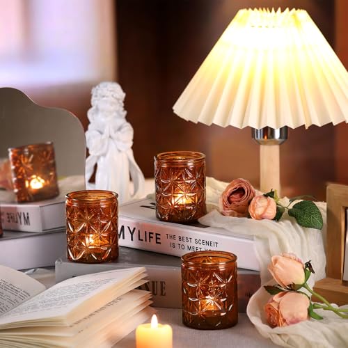24 Pcs Vintage Amber Votive Candle Holders, Amber Glass Tea Lights Candle Holder for Wedding Table Centerpiece,Vintage Boho Party Home Fall Decor,Thanksgiving and Christmas - color: Amber
