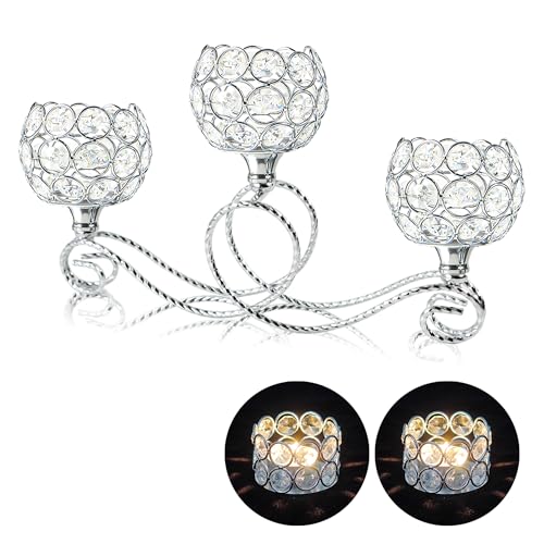 Gold/Silver Metal Crystal Tea Light Candle Holder, Elegant Wedding Table Centerpiece 3/5 Arm Crystal Candle Holder, Christmas Votive Candle Holder for Wedding Living Room Decor (Silver, 1pc-3 Arm) - color: Silver, size: Set of 1
