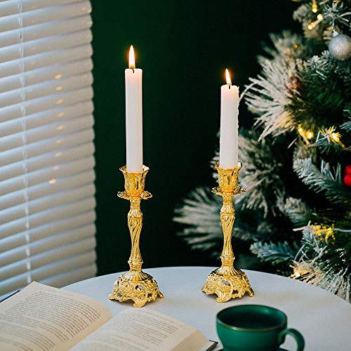 Sziqiqi Gold Candlestick Holders Set of 2 Taper Candle Holders Deluxe Ornate Candle Holders for Shabbat Taper Candles, Candle Centerpiece, Wedding Candles, Christmas Candle 7.4inch - color: Gold