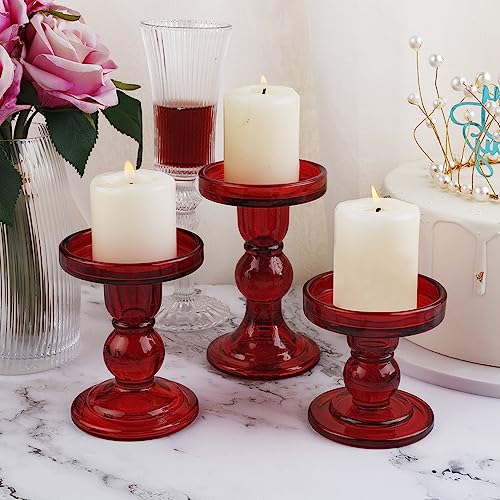 3-Piece Set of Red Glass Candlestick, Crystal Candlestick Holder Holder and Conical Candle, Christmas Candle Holder Decoration, Family Living Room Wedding Candle Holder (red1set) - color: Red