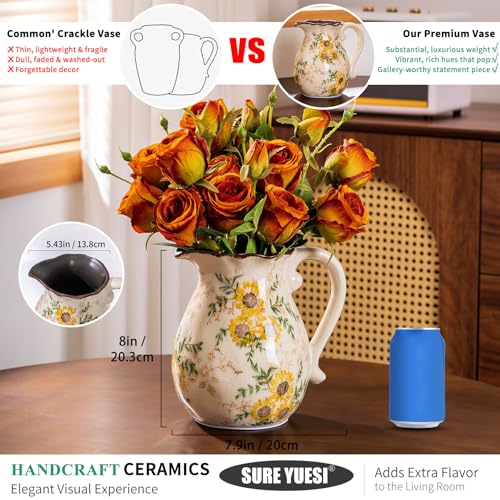 for Mom from Daughter or Son, Sunflower Vintage Ceramic Yellow Floral Pitcher Vase with Handle 7.9”, Rustic Farmhouse Chinoiserie Vase, Grandmillennial Decor for Living Room - color: Yellow Sunflower - 004