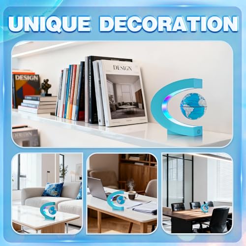 Flagest Magnetic Levitation Floating Globe, Levitating C Shape Globe with Cyan Frame and LED Lights for Education Home Office Desk Decor, Holiday Anniversary Creative Gift(3.3 Inches) - color: Cyan
