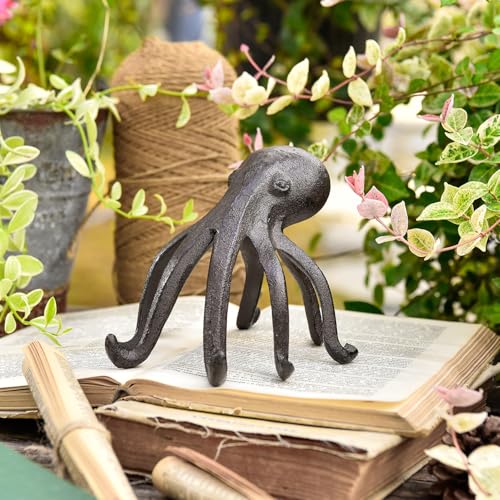 Sungmor Cast Iron Octopus Statue, Decorative Bookend, Cute Sculpture on Bookshelf or Desk, Creative Cell Phone Holder, Octopus Stand for Tablet, Black Brown - color: Octopus