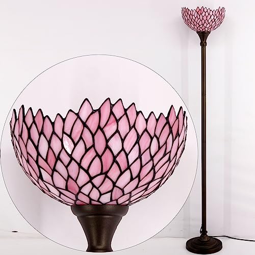 WERFACTORY Tiffany Floor Lamp Pink Stained Glass Wisteria Light 12X12X71 Inches Pole Torchiere Standing Corner Torch Uplight Decor Bedroom Living Room Home Office S523P Series