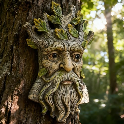 Teaeeno Whimsical Tree Face Garden Decoration, 9.8 in Tree Faces Decor Outdoor Wallmounted Statue Art with Leaf Features, Outdoor Decor Garden Accessory (Nature and Outdoors) - color: Gold