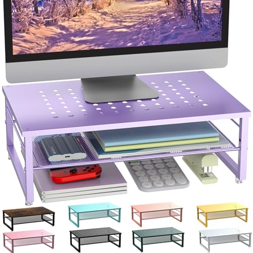 gianotter 2-Tier Metal Monitor Stand Riser, Office Desk Storage Organizer for Computer Monitor, Laptop, Printer, Office Supplies (Purple) - color: Purple