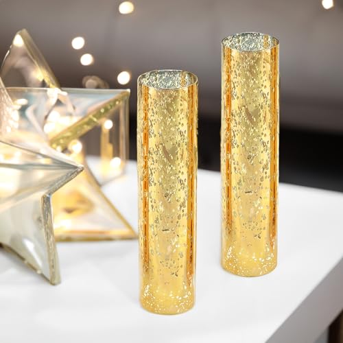 WGVI Hurricane Candle Holder Sleeve, W: 2.5", Ht: 10", Gold Speckled Glass Cylinder Open Both Ends, Chimney Tube Shade, 1 Piece - size: 2.5x10"H