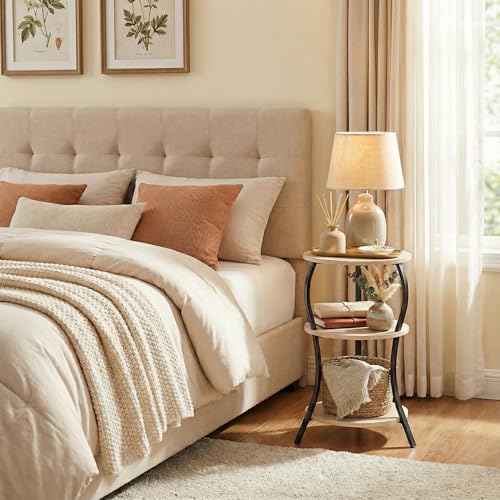 Vintage Small Round Side Table, 3-Tier Slim Waist Circular End Table with Storage Shelf, Compact Tea Sofa Side Table, Round Corner Coffee Table Nightstand for Living Room Bedroom Small Spaces,Oak - color: Oak, style: Classic