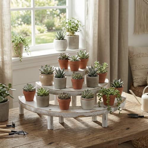 MyGift 3 Tier Wooden Display Riser Stand, Cupcake Stand & Perfume Organizer, Rustic Whitewashed Tiered Display Shelf for Desserts, Nail Polish, Makeup, Plants & Collectibles - color: Whitewashed