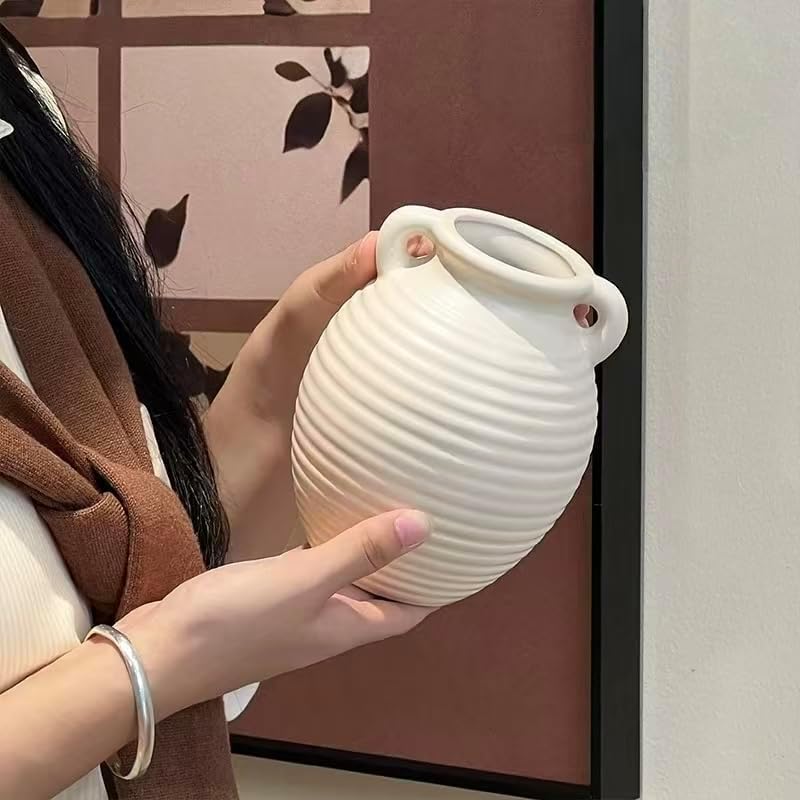 Ceramic Vase, 6-inch Small White Farmhouse Vase for Rustic Home Decor, Modern Cloud Texture Decorative Pitcher Vase for Living Room, Shelf, Mantle, Table Centerpiece,Flower Vase (6-inch dual speakers) - color: 6-inch Dual Speakers