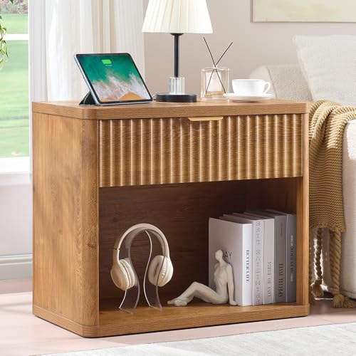 LEYAOYAO 31" Wide Fluted Nightstand with Charging Station, Oversized Extra Large 1 Drawer Night Stand with Golden Handle, Brown Wood Bedside Table Tall End Tables,for Bedroom, Living Room, Hallway - color: Brown, size: 1 Drawers