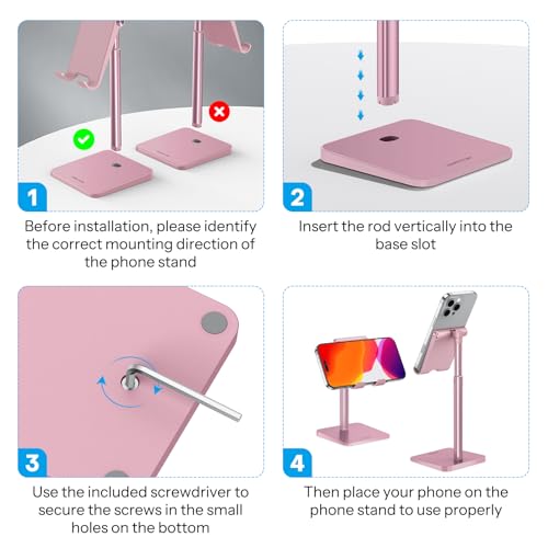 OMOTON Cell Phone Stand, Adjustable Angle Height Desk Phone Dock Holder for iPhone Air/17 Pro Max / 11 Pro/XS Max/XR, Samsung Galaxy S20 / S10 / S9 / S8 and Other Phones (3.5-7.0-Inch), Rose Gold - color: Rosegold