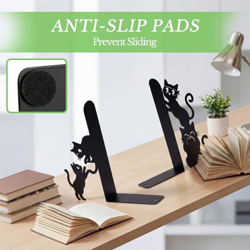 Sanwarm Metal Bookends Cat Black Funny Book Ends Decorative Bookend for Home Office Library Desk Book Shelves Decor, Gift for Reading Enthusiasts Non-Skid Book Stoppers Holder (1 Pair) - color: Black Cat 1