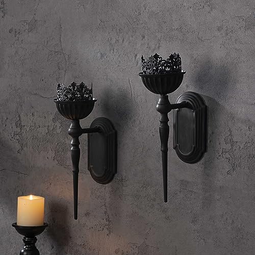 Gothic Wall Sconce Candle Holder (Set of 2) Black Crown and Scepter Design Wall-Mount Metal Candle Holders Hanging Iron Wall Candle Sconce Holder for Living Room, Bathroom, Dining Room - color: Crown Sconce - Standard