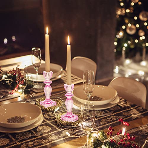 Glass Candle Holders, 2PCS Decorative Candle Stand Wide Base Candlestick Holder Table Centerpiece Decor for Wedding Festival Party Windowsill, Pink - color: Pink