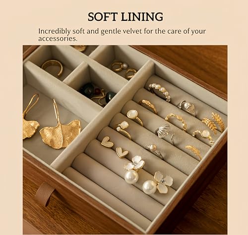 KINTNESS Wooden Jewelry Box With Key, 5 Layers Lockable Large Jewelry Organizer for Women Girls, Walnut Texture for Bracelet, Necklace, Ring, Valentines Gift for Women - style: Four-Leaf Clover Handle Design