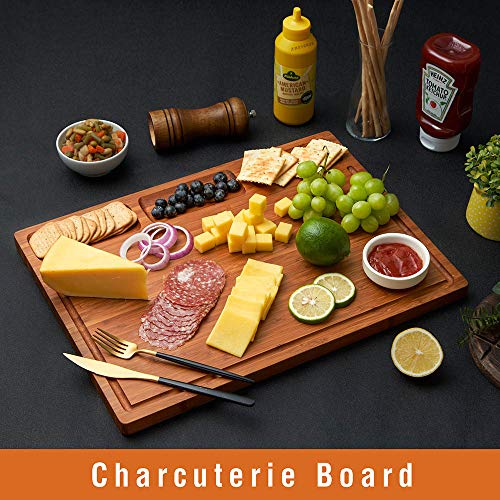 Large Bamboo Wood Cutting Board for Kitchen, Cheese Charcuterie Board with 3 Built-in Compartments and Juice Grooves, Butcher Block (17x12.6") - size: 17"L x 12.6"W