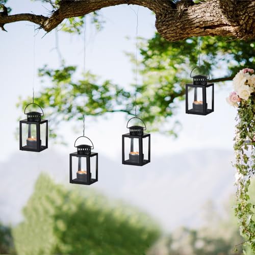 Small Candle Lanterns Decorative Outdoor: 4 Pcs Black Hanging Tea Lights Candle Holder for Table Centerpiece Fireplace Wedding Christmas 3.9" Glass Farmhouse Decor