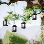 Small Candle Lanterns Decorative Outdoor: 4 Pcs Black Hanging Tea Lights Candle Holder for Table Centerpiece Fireplace Wedding Christmas 3.9" Glass Farmhouse Decor