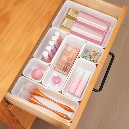 Kitchen Desk Drawer Organizers Storage for Office, Small Acrylic Vanity Trays Makeup for Drawer Bathroom Plastic Make up Organizers 25 Pcs White - color: White