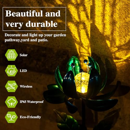 Solar Garden Lights Metal Flower Decor, Colorful Spinning Windmill Lotus Pathway Ligths with LED Cracked Crystal Ball Outdoor Decorative Stake Lighting Waterproof Flower Sculpture for Patio Yard - color: Multicolor