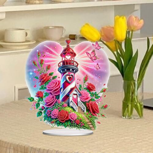 5D Tabletop Diamond Art Kit Rose Lighthouse, Stand Up Special Shaped Crystal Diamond Art Desktop Kits for Adults, DIY Diamond Art Paintng Kits Craft, Box Package - color: Rose Lighthouse