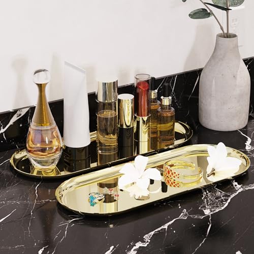 2 Pack Golden Bathroom Sink Vanity Decorative Tray, 12in Oval Trinket Storage for Dresser Counter, Stainless Steel Decor Jewelry Dish Tray, Perfume Candle Key Valet Organizer