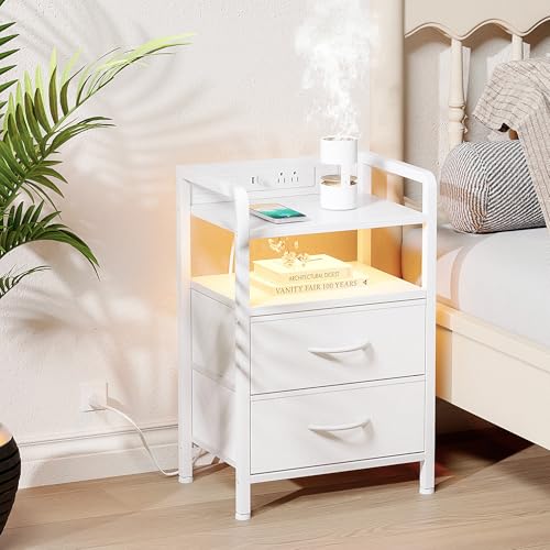 Lazzanto Night Stand Bedside Table Bedroom - White Nightstand with Charging Station & LED Light Strip, Morden Bed Side End Table with Storage Shelf & 2 Fabric Drawers, U-S-B Ports & AC Outlets - color: White, size: 2 Drawers