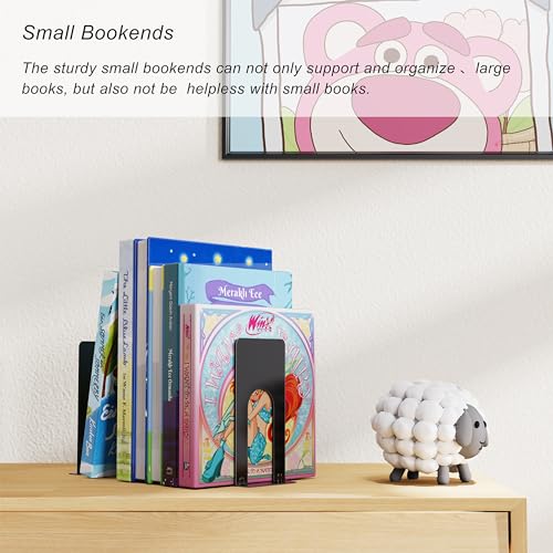 Optomni Book Ends, 3 Pairs of Small Bookends for Shelves, 3.9 x 2.8 × 5.2 in, Black Metal Book Stopper, Sturdy Book Holders for Home Office (6 Pcs, Small)