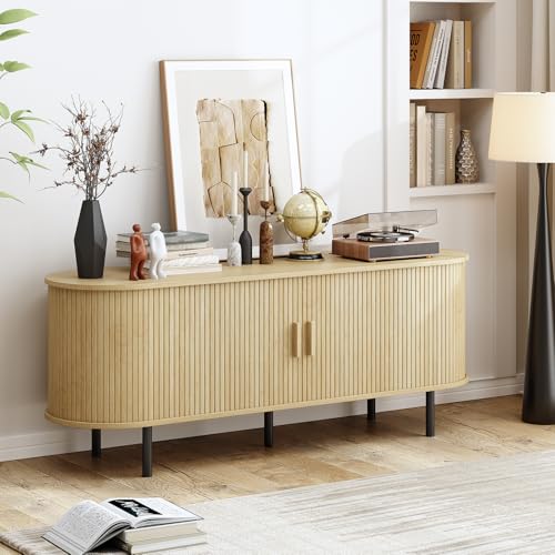 55" TV Stand with Power Outlet, Modern Media Console with Sliding Doors, Entertainment Center for TVs up to 60 Inch, Adjustable Shelves, Oak - color: Oak, size: 55 Inch
