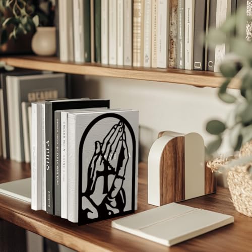 Peacoblue Metal Bookends for Shelves, Modern Decorative Heavy Duty Study Book Support Stoppers for Office, Desk, Shelf, Room 5.3"x4.3"x7.8" Cast Iron Tall Bookends, 1 Pair (Praying Hands and Cross) - style: Folded Hands and Cross