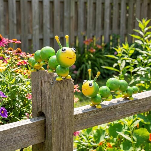 Metal Caterpillar Statue Yard Art Garden Decor, 2 Pack Handcrafted Cute Caterpillar Ornaments for Outside Fence Patio Lawn Garden Courtyard,Gift for Family,Friends,Garden Lovers (Green)
