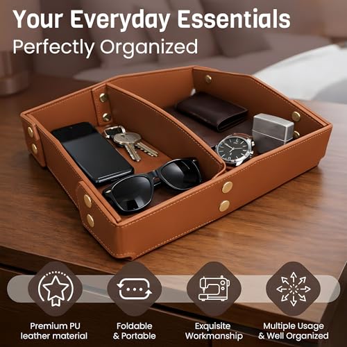 Valet Tray Organizer for Men & Women - PU Leather Catch All Tray with Removable Divider - EDC Storage for Keys, Watch, Phone - Nightstand, Dresser & Desk Organizer - Saddle Tan - color: Saddle Tan