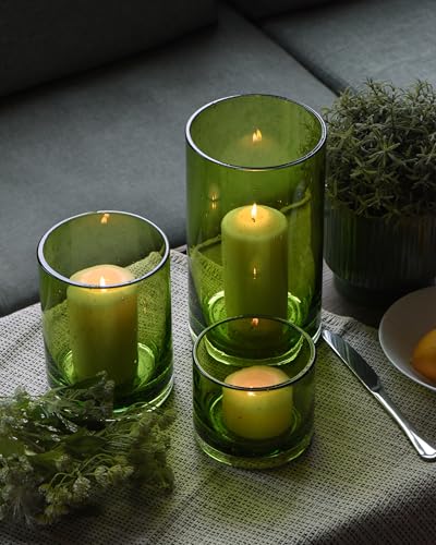 ARIAMOTION Hurricane Candle Holders Set 3, Spring Green Glass with Seeded Bubbles, Pillar Candle Holders Bulk,Cylinder Vase Centerpieces 10" 7" 4" Height