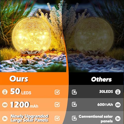 Garden Solar Ball Lights Outdoor Waterproof, 50 LED Cracked Glass Globe Solar Power Ground Lights for Path Yard Patio Lawn, Christmas Decoration Landscape Warm White(2 Pack 4.7'') - size: 4.7 Inch