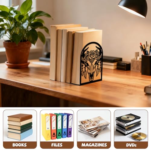 Peacoblue Metal Bookends for Shelves, Modern Decorative Heavy Duty Study Book Ends Stoppers for Office Desk Shelf Room 5.3"x4.3"x7.9" Cast Iron Tall Bookends 1 Pair (Bohemia Bull Skull with Feathers) - style: Bohemia Bull Skull with Feathers