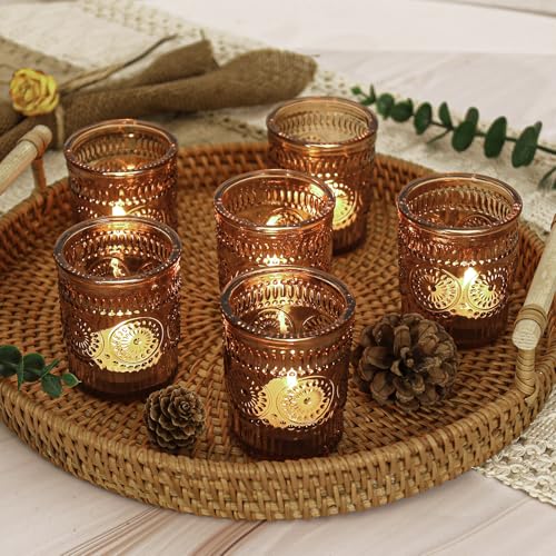 24 Pcs Amber Glass Votive Candle Holders, Tealight Candle Holders for Table Centerpieces, Vintage Candle Holder Bulk, Boho Wedding, Home, Bridal Shower, Birthday Party Table Decor (Amber) - color: Amber
