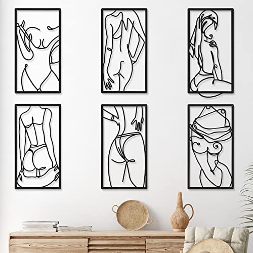 Cindeer 6 Pcs Modern Minimalist Wall Decor Abstract Woman Wall Art Single Line Metal Drawing Modern Line Women Body Figure Decor Sculptures for Home Bedroom Bathroom
